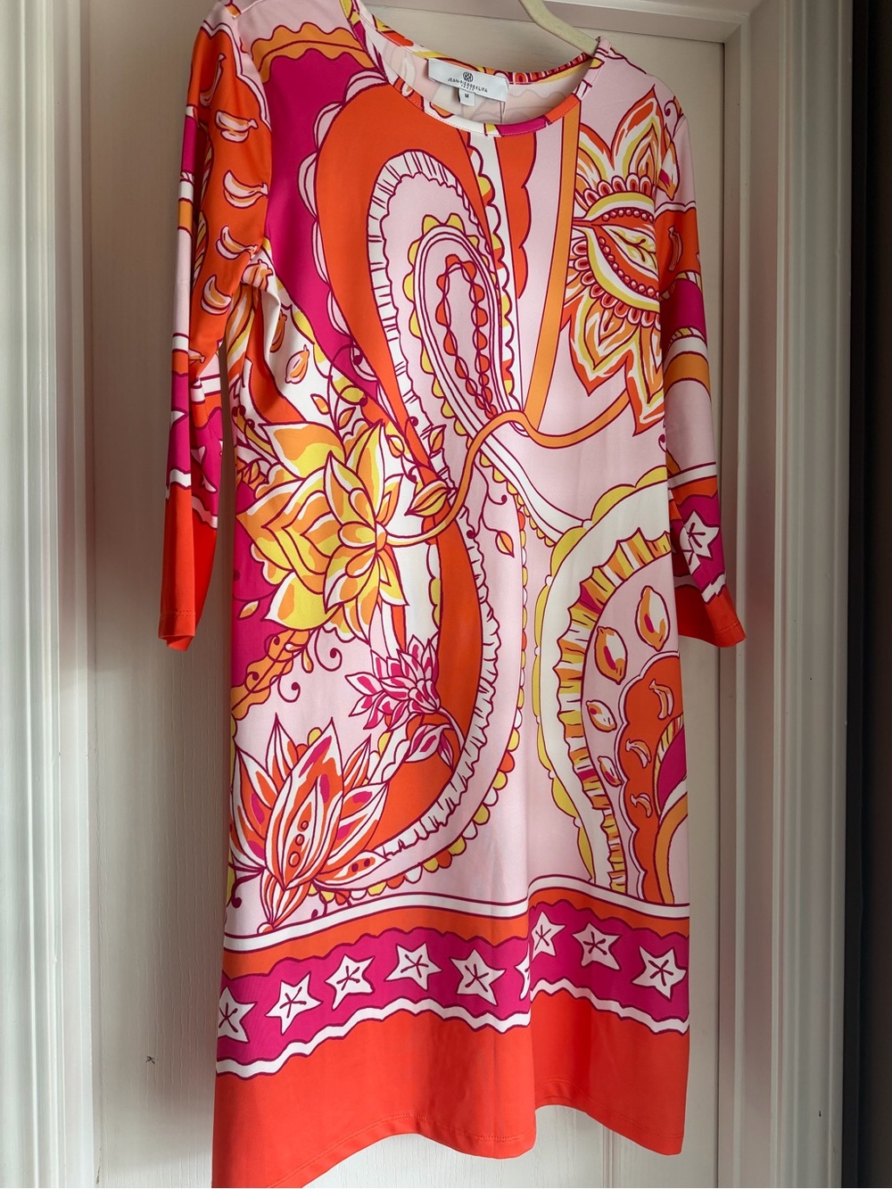 Paisley Print Long-Sleeve Shift Dress in Pink & Orange